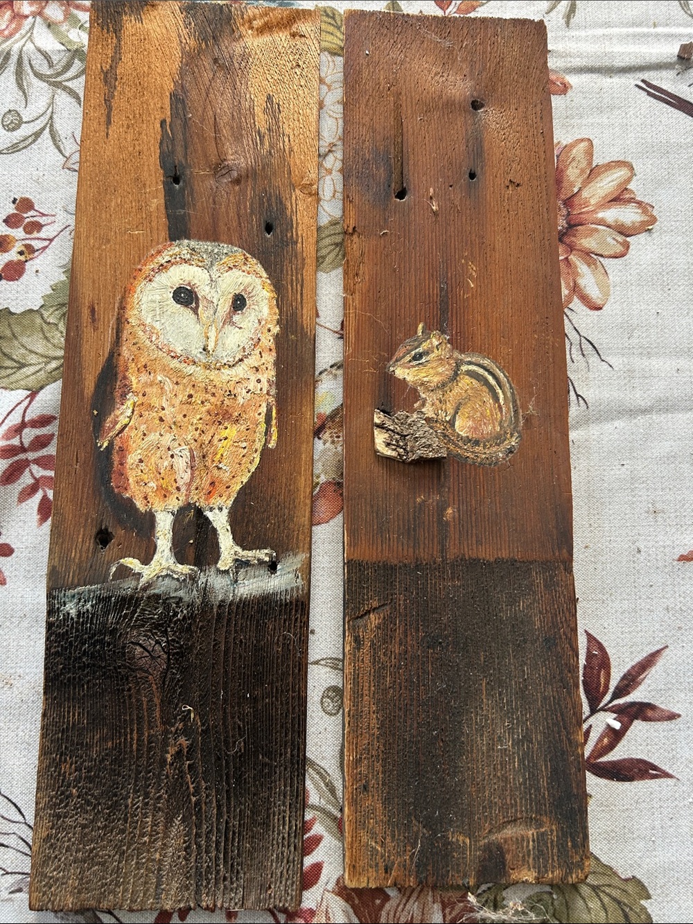 Hand Painted on Barnwood Barn Owl and Chipmunk Picture